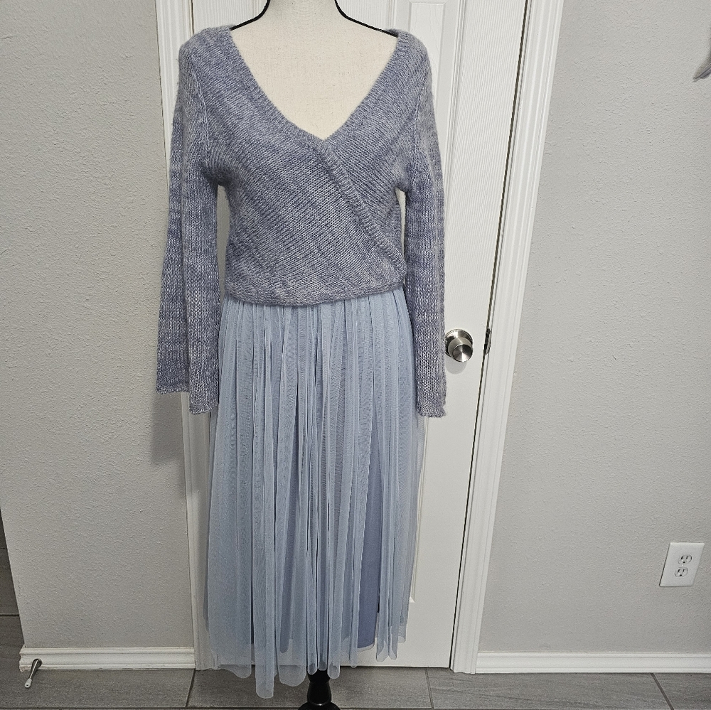 Anthropologie Maeve Arabesque Sweater Tulle Pale Blue Midi Dress